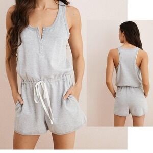 Aerie Grey Sweatshirt Romper Button Front Drawstring Waist Racerback Size S